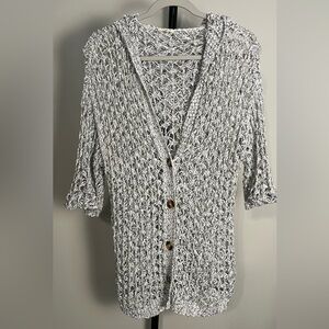 EUC POL Women's Cream Button-Up Cardigan with hood black white marled Size Small
